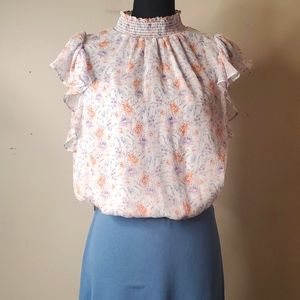 White floral sheer chiffon smocked neck Coquette girl Fantasy feminine top